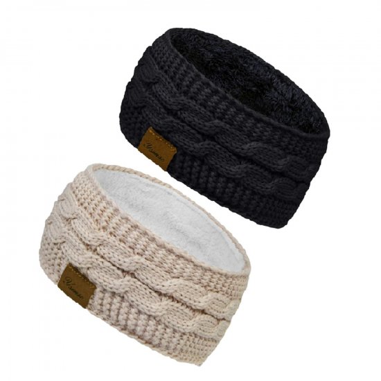 Konfetti Winter Kabel Stirnband Damen, Stirnbänder Gestrickte Verdicken Haarband Frauen Stirnband Ohrenwärmer Headwrap Kopfband Elastische Damen Häkelarbeit Stirnbänder Mädchen (Hellbeige + Schwarz) - Click Image to Close