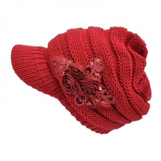 YSense - Women's Cable Knit Newsboy Visor Cap Hat with Sequined Flower - Click Image to Close