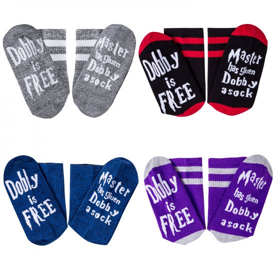 4 Pairs Dobby Socks, Novelty Funny Dobby is Free Knitted Words Sock Gift for Men&Women - Click Image to Close