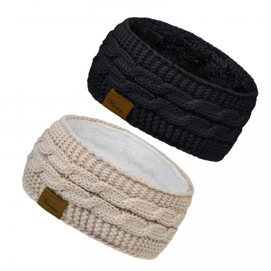 YSense 2 Pack Ear Warmer Headband Women Winter Cable Knit Headband Twist Fuzzy Fleece Lined Gifts Stocking Stuffers for Mom, Light Beige, Black - Click Image to Close