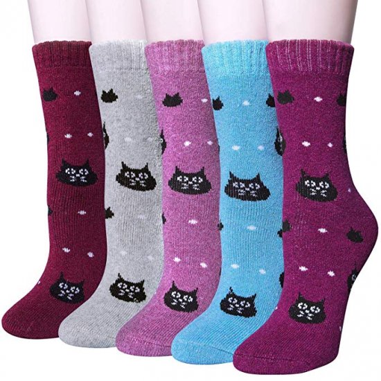 3-5 Pairs Womens Winter Warm Thick Wool Knit Cute Cat Animal Casual Crew Socks C-5pairs - Click Image to Close