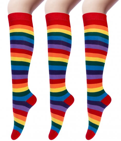 3 Pairs Rainbow Knee High Socks Women Girls Punky Brewster Costume Novelty Colorful Striped Gift Cotton Socks - Click Image to Close