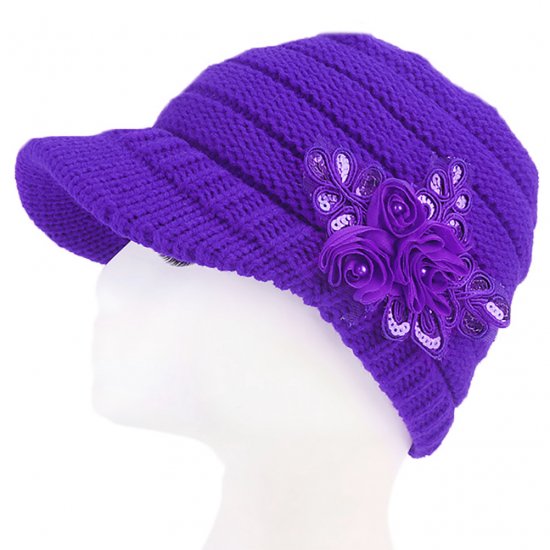 Women Winter Warm Cable Knit Beanie Hats Newsboy Cap Visor with Sequined Flower - Click Image to Close